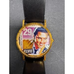 Vintage ELVIS Stamp Watch Round Dial Hi End French Black Leather Band 33MM